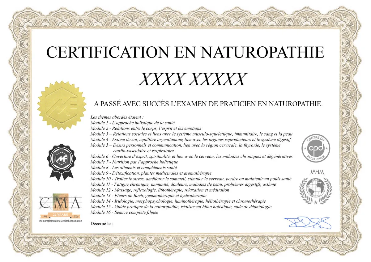 Exemple de certificat de praticien en naturopathie à imprimer